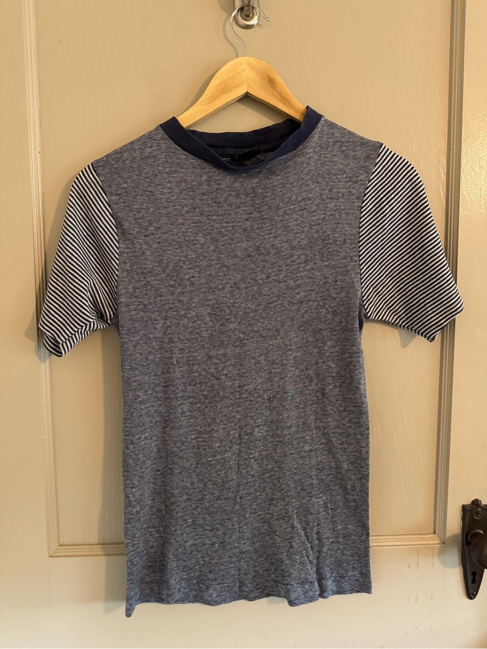 Short Sleeve Heather Navy Crewneck T-Shirt with Striped Sleeves